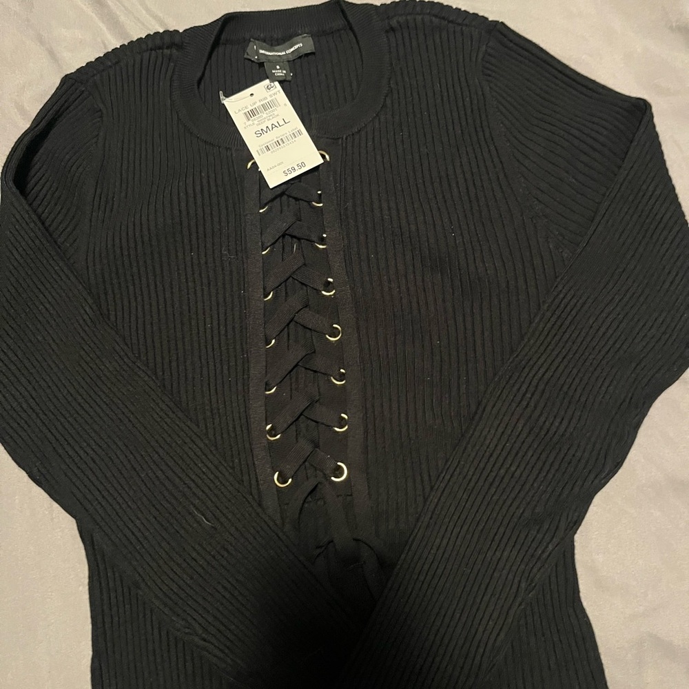 Women’s Lace Up Ribbed Sweater - classy and Sexy - Black S